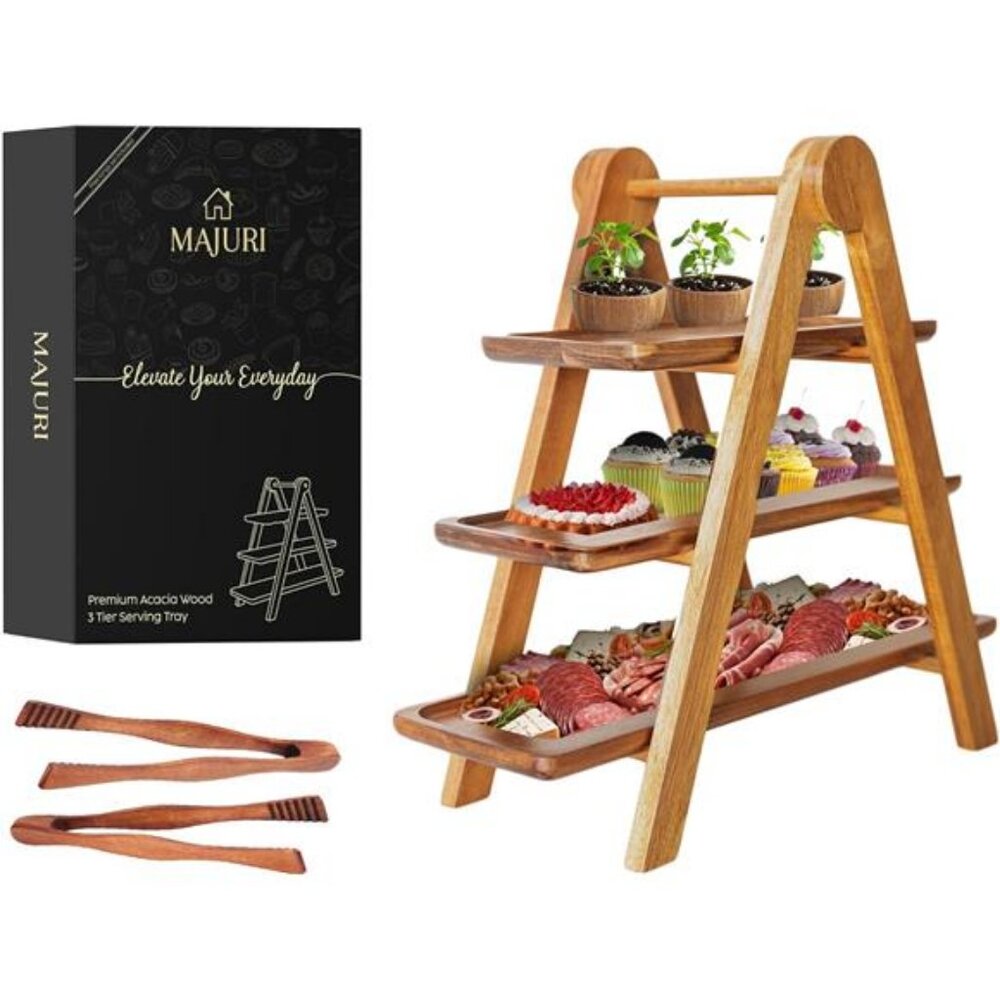 3 Tier Wooden Serving Tray, Set of 2 Tongs Free, Tiered Serving Trays & Platters
